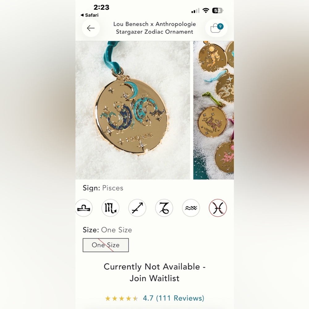 Anthropologie Gold and Blue Pisces Zodiac Ornament - sold out - Picture 2 of 3